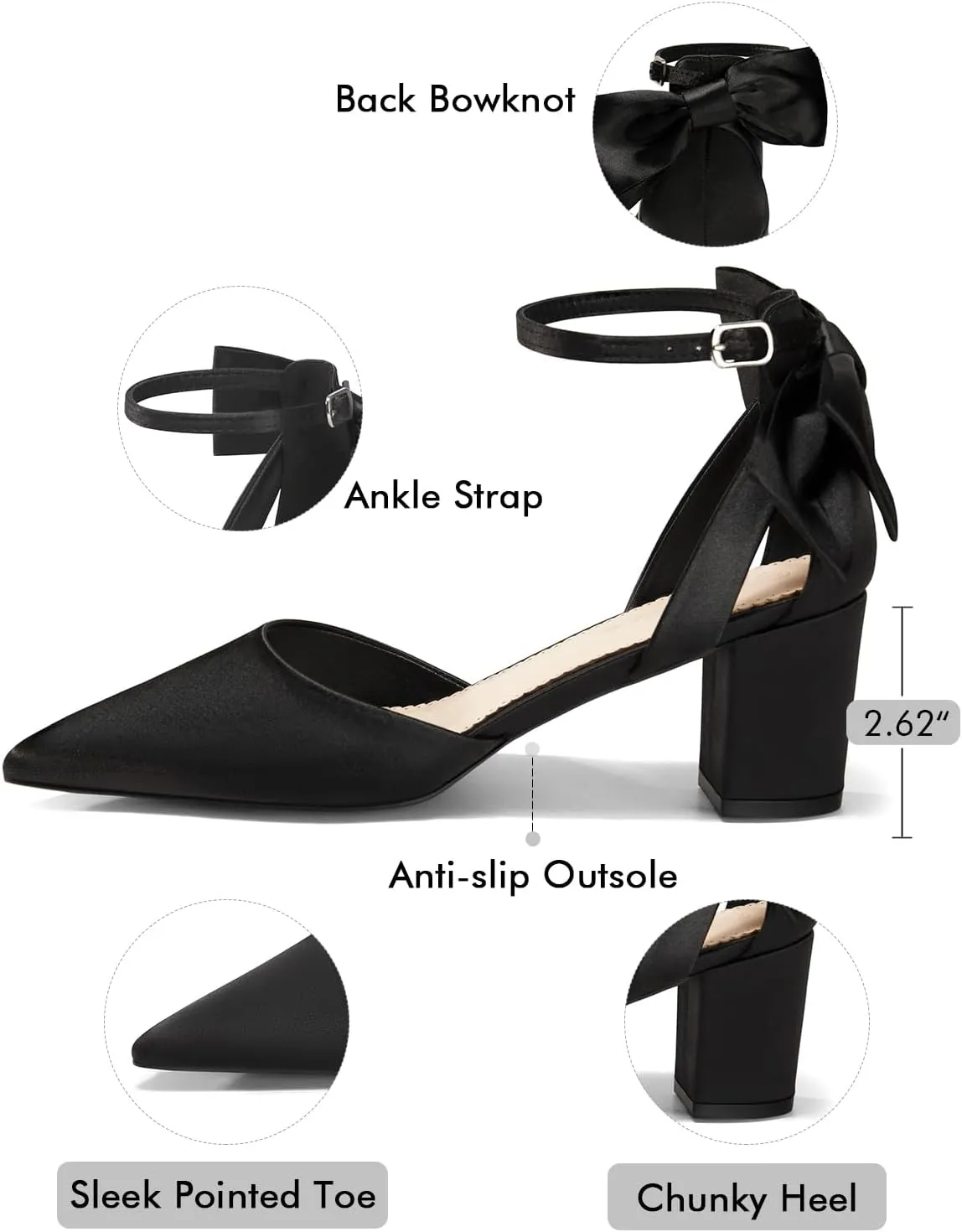 Coutgo Womens Chunky Heels Low Heel Ankle Strap D'Orsay Pumps Closed Pointed Toe Wedding Bridal Shoes