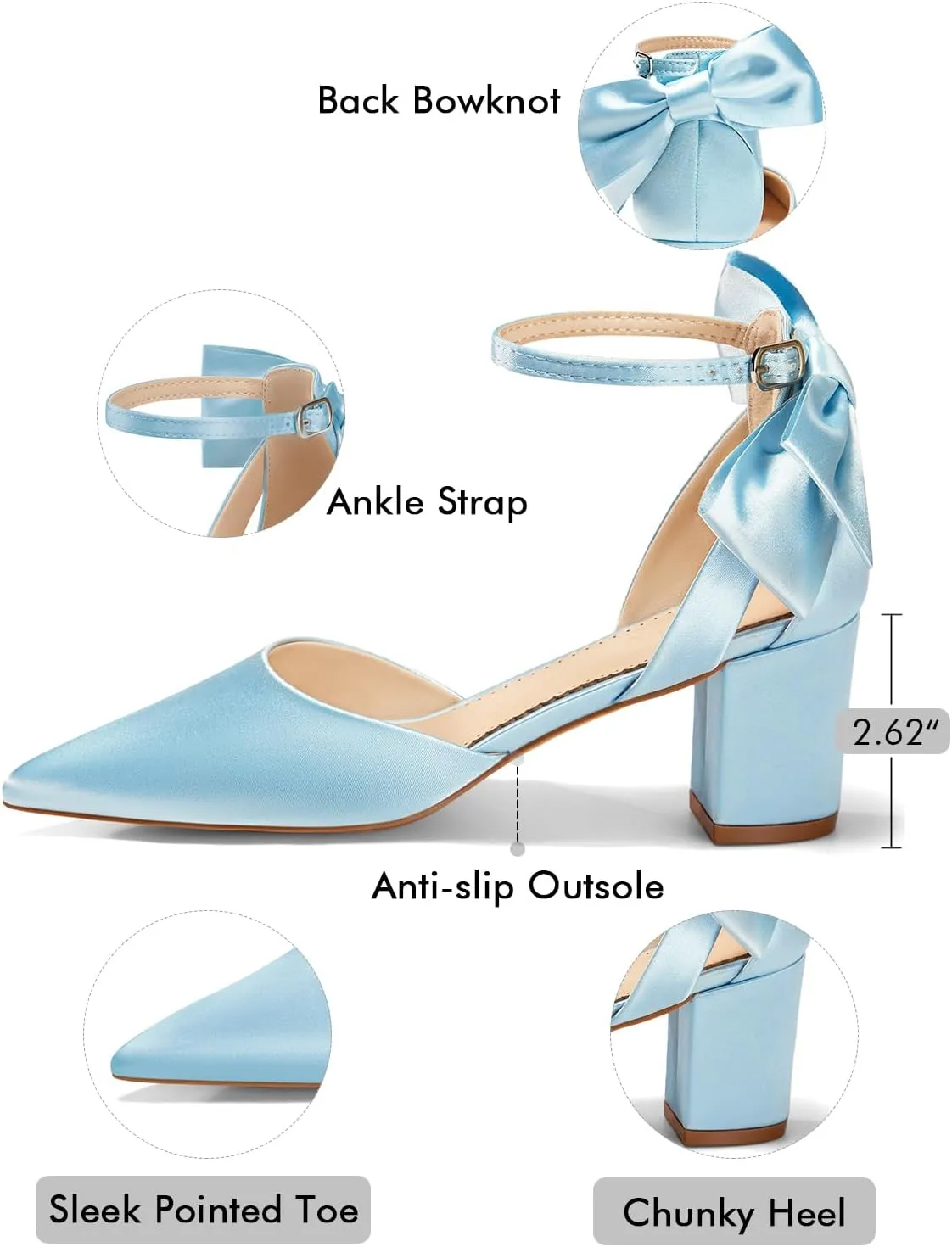Coutgo Womens Chunky Heels Low Heel Ankle Strap D'Orsay Pumps Closed Pointed Toe Wedding Bridal Shoes