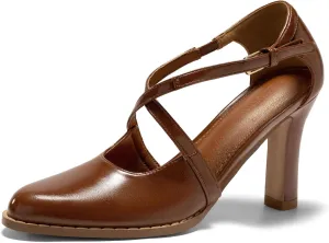 Coutgo Womens Chunky High Heels Dress Shoes Closed Pointed Toe Cross Strap Buckle Pumps Vintage D'Orsay Party Shoes