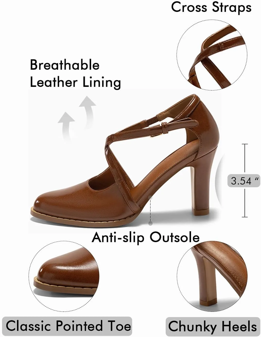 Coutgo Womens Chunky High Heels Dress Shoes Closed Pointed Toe Cross Strap Buckle Pumps Vintage D'Orsay Party Shoes