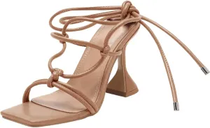 Coutgo Women's Lace Up Heels Gladiator Square Open Toe Dressy Stilettos Strappy Comfortable Summer Party Shoes