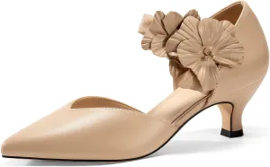 Coutgo Womens Low Kitten Heels Dressy Shoes Comfortable Closed Toe Flower Slip on Formal Party Dance Heeled Pumps
