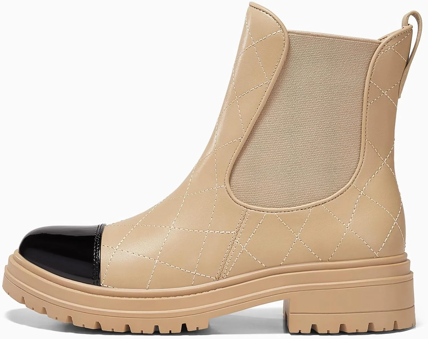 Coutgo Womens Platform Chelsea Boots Low Heel Lug Sole Ankle Booties Quilted Two Tone Pull on Winter Shoes