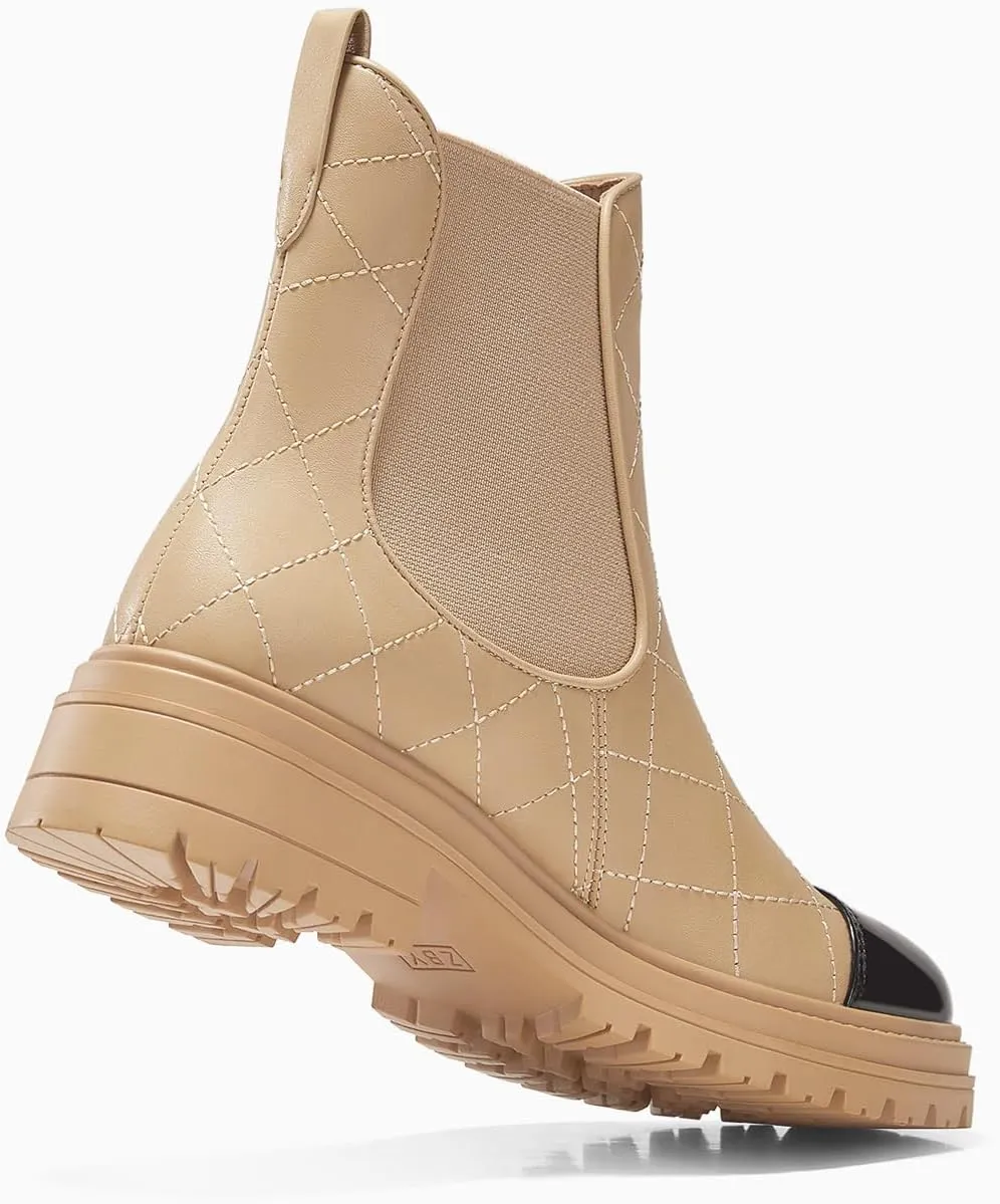 Coutgo Womens Platform Chelsea Boots Low Heel Lug Sole Ankle Booties Quilted Two Tone Pull on Winter Shoes