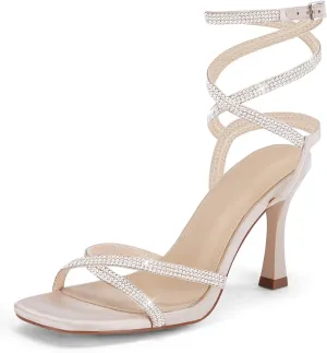 Coutgo Women's Rhinestone Strappy Heel Sandals Open Square Toe High Stiletto Heels Wedding Shoes