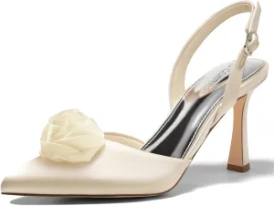 Coutgo Womens Slingback High Heels Closed Pointed Toe D'Orsay Satin Buckle Pumps Flower Wedding Dress Shoes