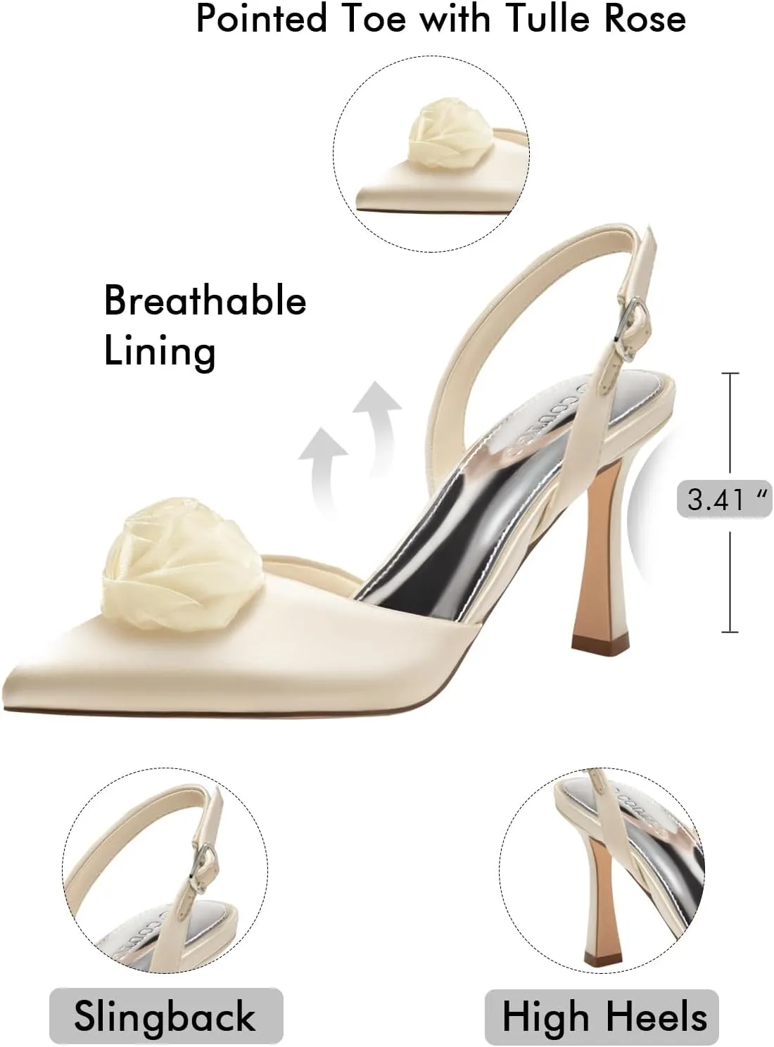 Coutgo Womens Slingback High Heels Closed Pointed Toe D'Orsay Satin Buckle Pumps Flower Wedding Dress Shoes