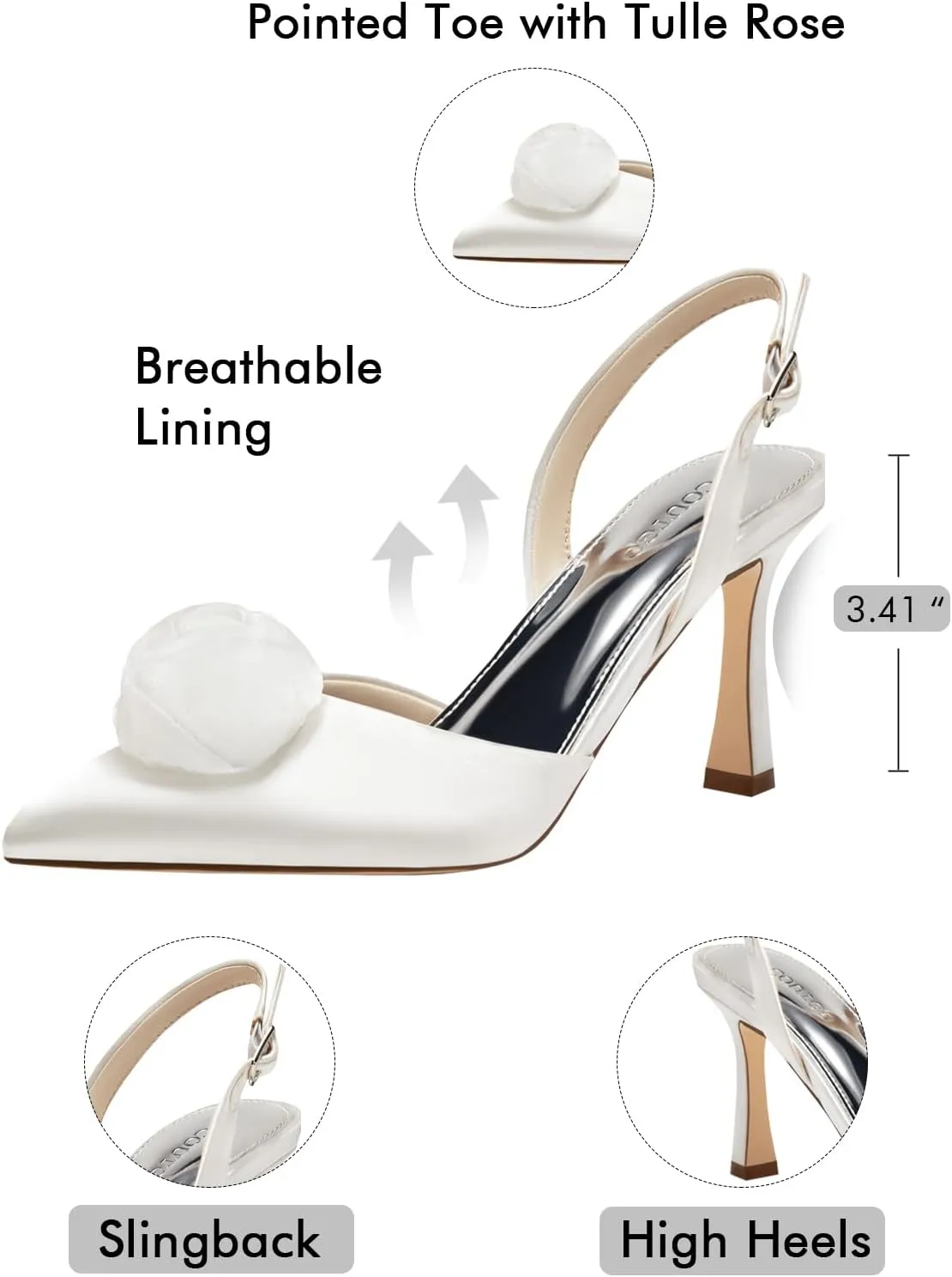 Coutgo Womens Slingback High Heels Closed Pointed Toe D'Orsay Satin Buckle Pumps Flower Wedding Dress Shoes