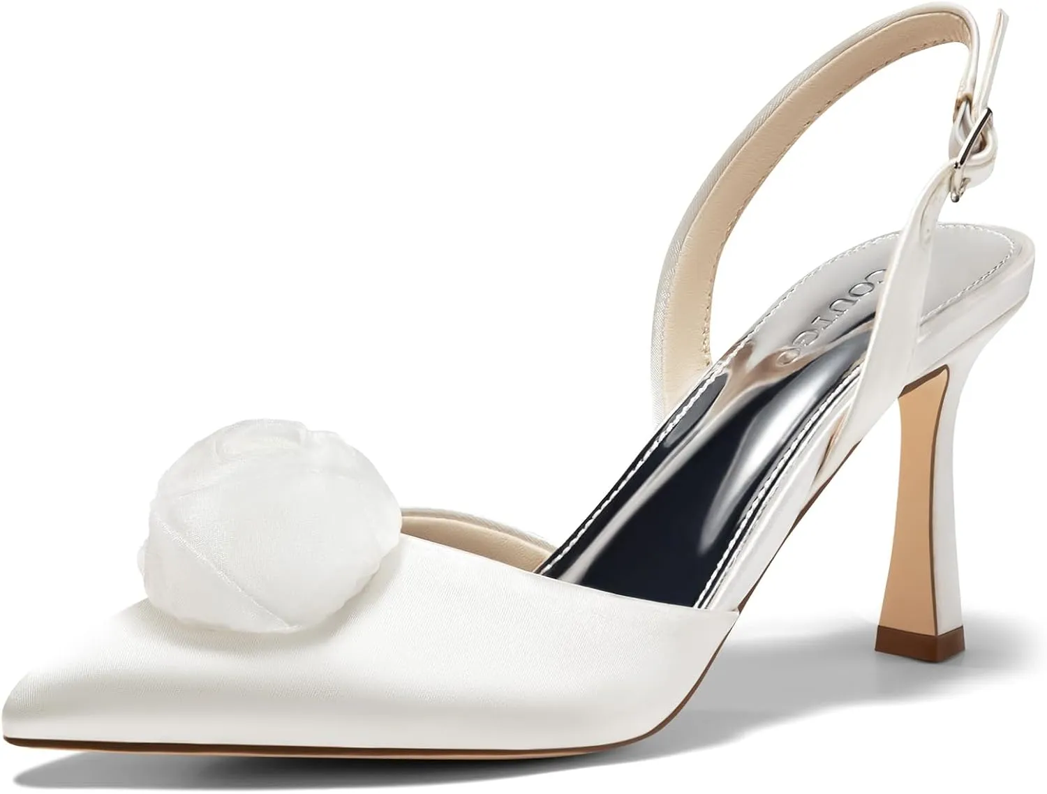 Coutgo Womens Slingback High Heels Closed Pointed Toe D'Orsay Satin Buckle Pumps Flower Wedding Dress Shoes