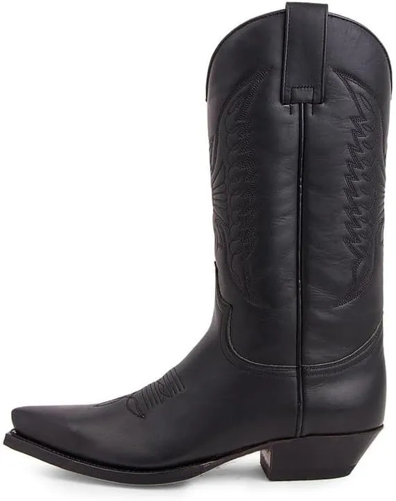 Cowboy Boots Men Boots Pointed Toe Vintage Square Toe Chunky Block Heel Pointed Mid-Calf Leather Western Boots