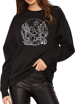 Cowgirl Boots Sweatshirt for Women Western Desert Cactus Shirt Cute Pullover Holiday Shirt Long Sleeves Tee