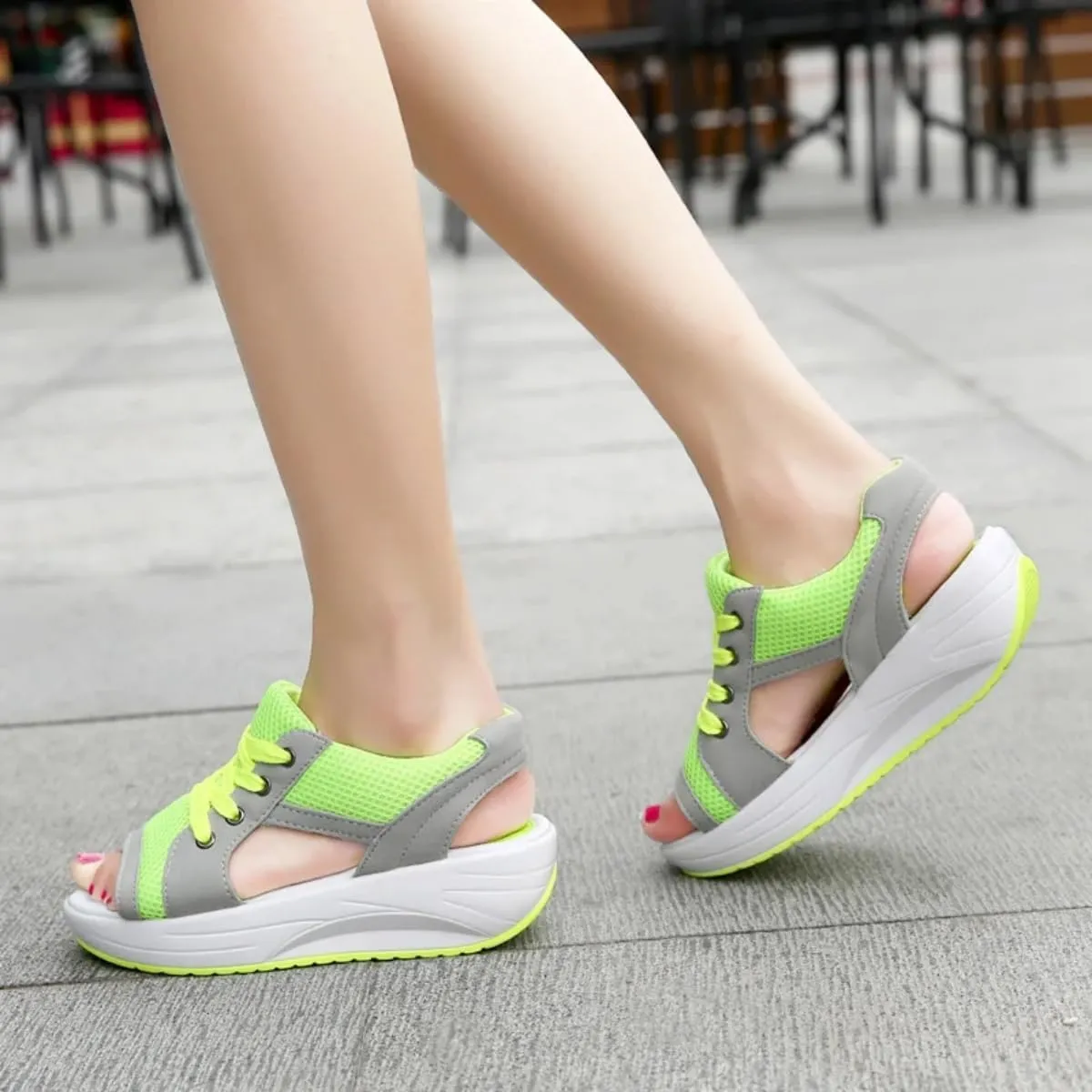 Cutout Lace Up Muffin Sandals for Women, Open Toe Tennis Shoes，Contrast Paneled Sandals, Summer Womens Platform Wedges Peep Toe Strappy Sneaker