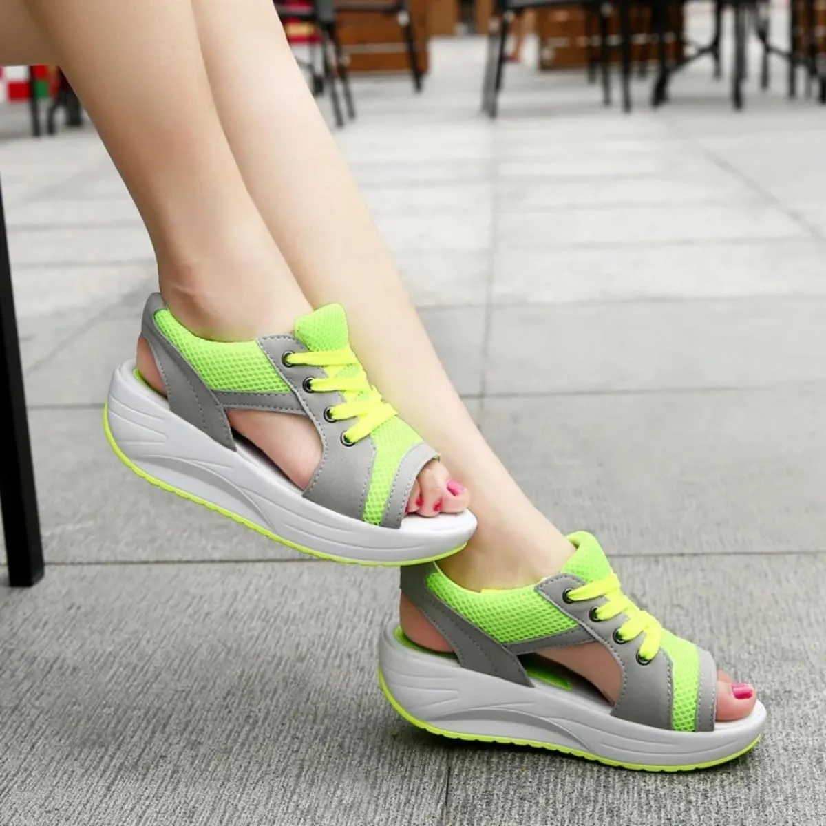 Cutout Lace Up Muffin Sandals for Women, Open Toe Tennis Shoes，Contrast Paneled Sandals, Summer Womens Platform Wedges Peep Toe Strappy Sneaker