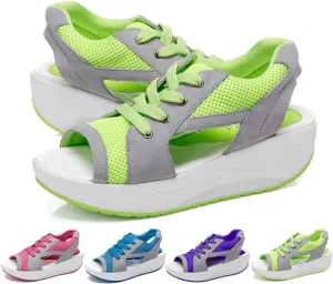 Cutout Lace Up Muffin Sandals for Women, Open Toe Tennis Shoes，Contrast Paneled Sandals, Summer Womens Platform Wedges Peep Toe Strappy Sneaker