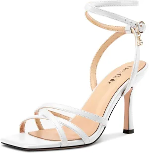 DearOnly Womens Lace up Heels Stiletto High Heeled Sandals Square Open Toe Strappy Heels Prom Party Dress 3.5 Inches Heels