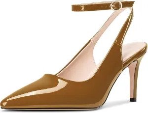 DearOnly Womens Pointed Toe Closed Slingback Stiletto High Heels Ankle Strap Party Pumps Patent Leather Dress Shoes 3.2 Inches Heels