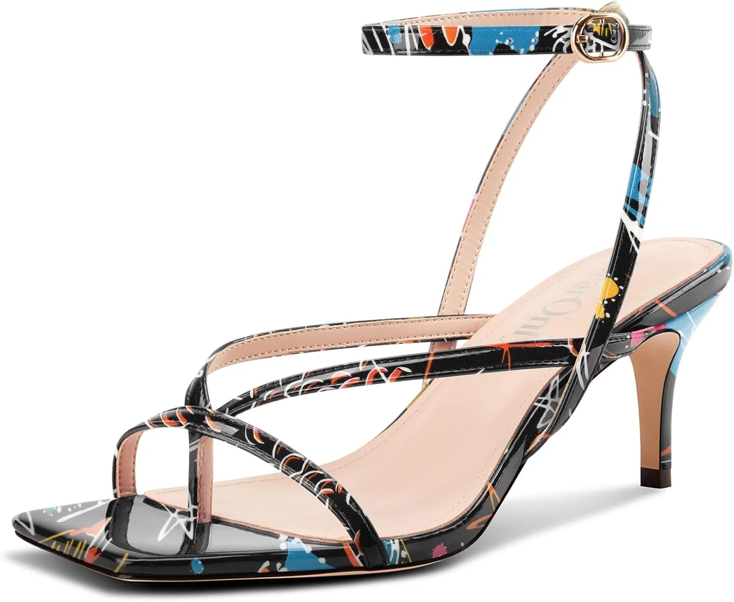 DearOnly Womens Square Toe Thong Strappy Kitten Heels Ankle Strap Party Dress Shoes Mid Heel Sandals 2.6 Inches Heels