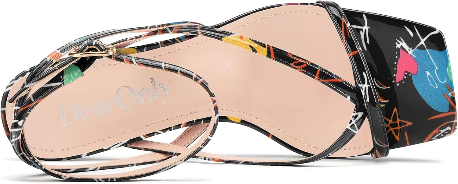 DearOnly Womens Square Toe Thong Strappy Kitten Heels Ankle Strap Party Dress Shoes Mid Heel Sandals 2.6 Inches Heels
