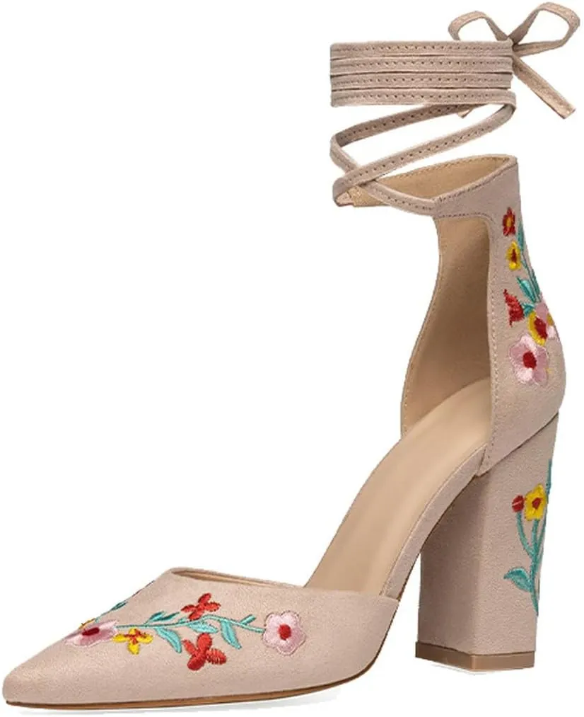 DINTAHA Floral Embroidered Heels,Lace Up Heels Closed Toe,Suede Pointed Toe Chunky Heel Pumps