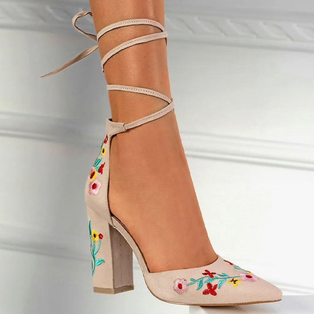 DINTAHA Floral Embroidered Heels,Lace Up Heels Closed Toe,Suede Pointed Toe Chunky Heel Pumps