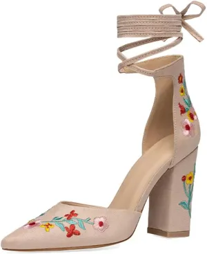 DINTAHA Floral Embroidered Heels,Lace Up Heels Closed Toe,Suede Pointed Toe Chunky Heel Pumps