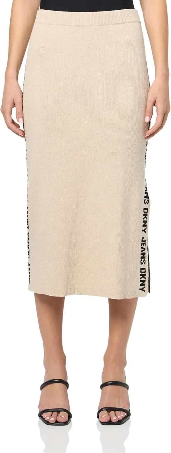 DKNY Women's Midi Logo Ribbed Jeans Skirt
