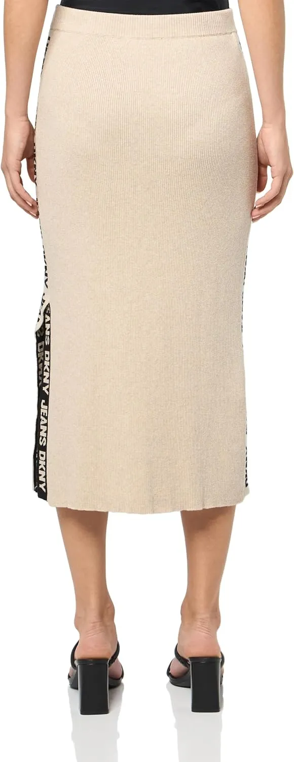 DKNY Women's Midi Logo Ribbed Jeans Skirt