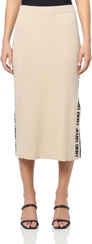 DKNY Women's Midi Logo Ribbed Jeans Skirt