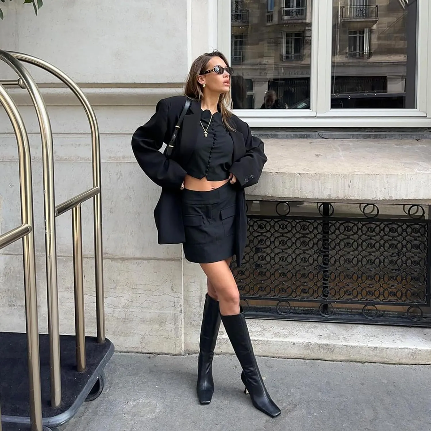 DOEYG Black Leather Knee High Boots for Women Kitten Heel Tall Boots Square Toe Stiletto Heels Heeled Boots Dressy Fashion Long Boots with Side Zipper