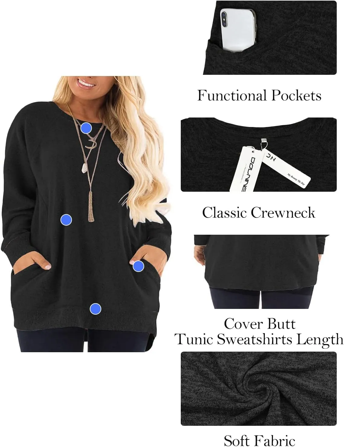 DOLNINE Women's Plus Size Sweatshirts Color Block Long Sleeve Pocket Shirts Tops