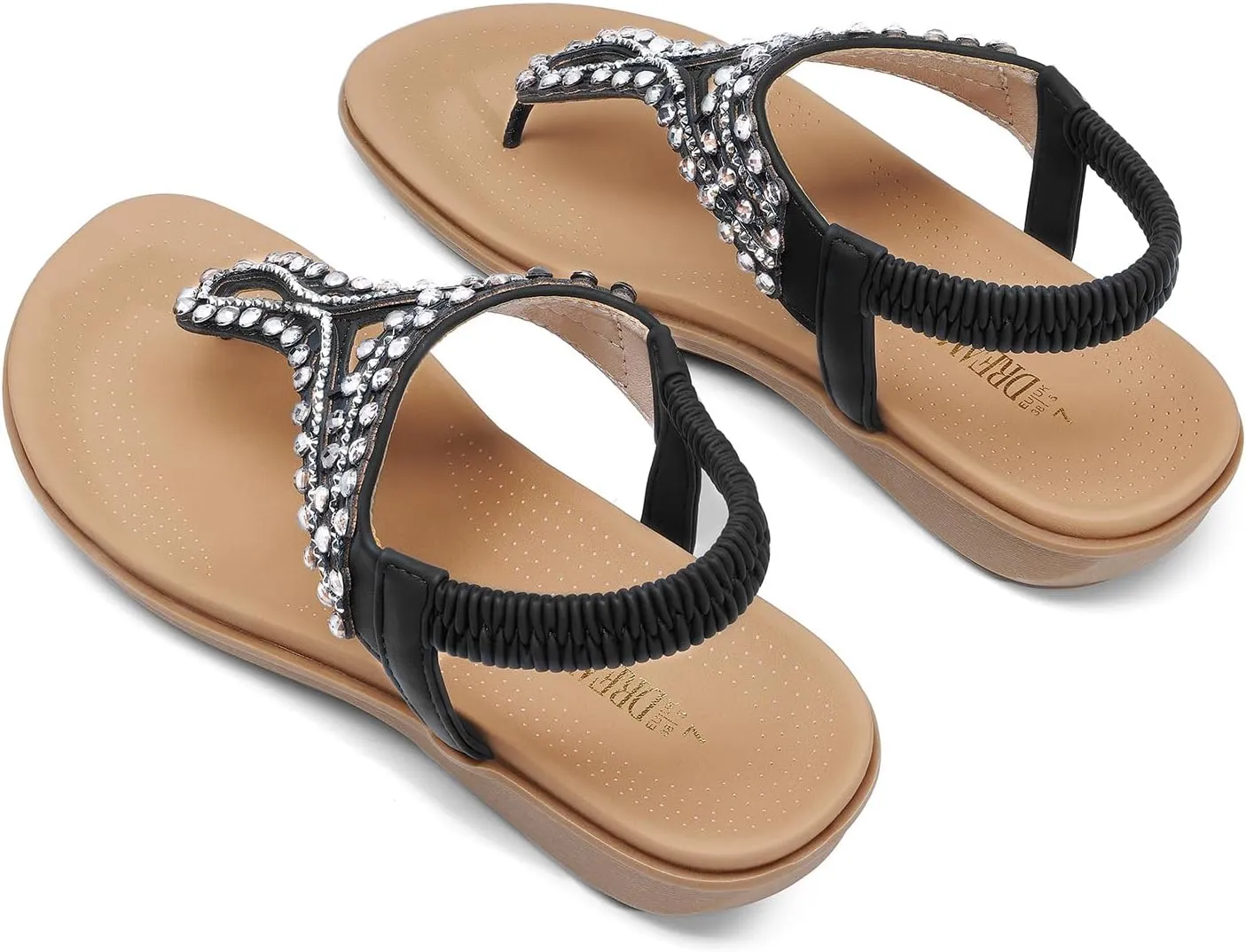 DREAM PAIRS Women's Comfortable Dressy Flat Sandals Rhinestone Elastic T-Strap Thong Sandals for Summer Beach