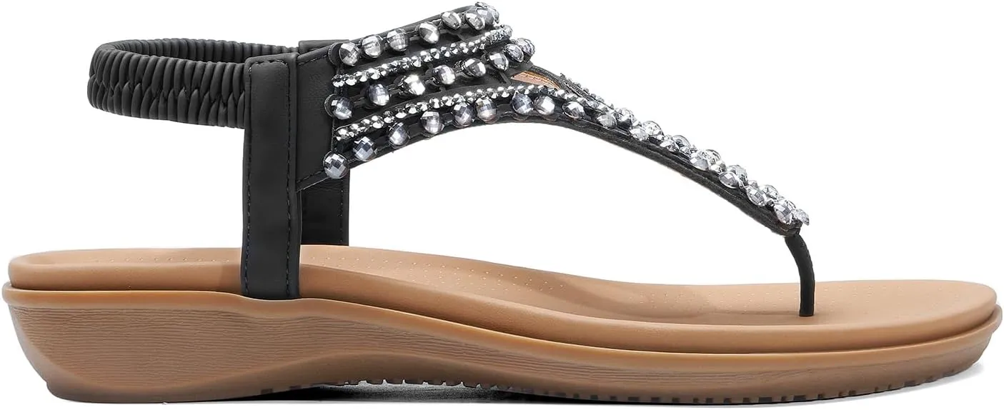 DREAM PAIRS Women's Comfortable Dressy Flat Sandals Rhinestone Elastic T-Strap Thong Sandals for Summer Beach