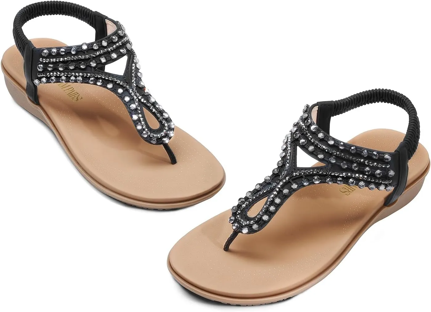 DREAM PAIRS Women's Comfortable Dressy Flat Sandals Rhinestone Elastic T-Strap Thong Sandals for Summer Beach