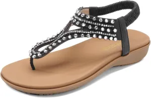 DREAM PAIRS Women's Comfortable Dressy Flat Sandals Rhinestone Elastic T-Strap Thong Sandals for Summer Beach