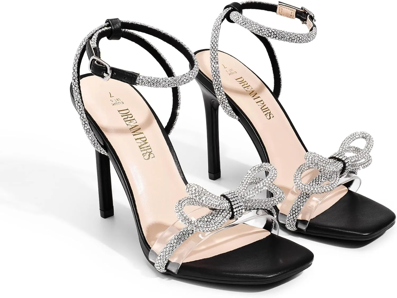 DREAM PAIRS Women's Double Bowknots Crystal Sandals Clear Slingback Heels Square Toe Shoes for Party Wedding