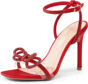 DREAM PAIRS Women's Double Bowknots Crystal Sandals Clear Slingback Heels Square Toe Shoes for Party Wedding
