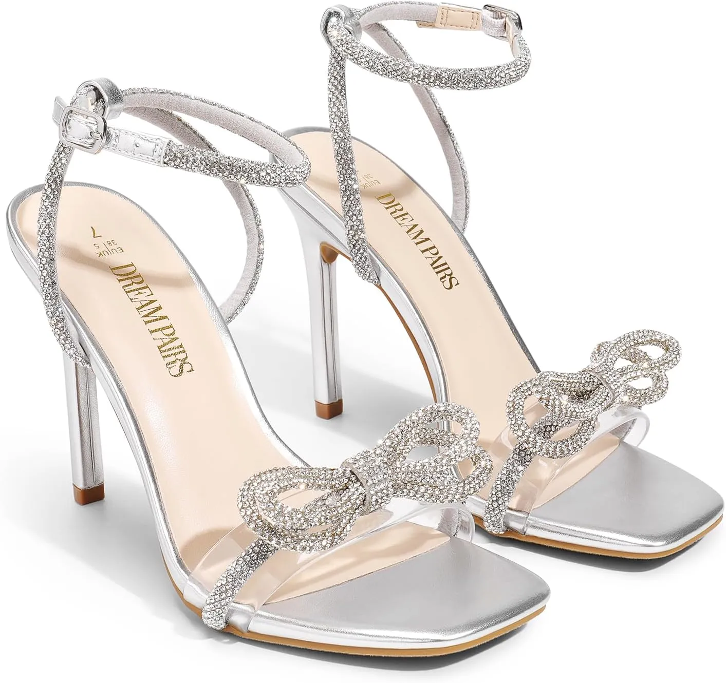 DREAM PAIRS Women's Double Bowknots Crystal Sandals Clear Slingback Heels Square Toe Shoes for Party Wedding