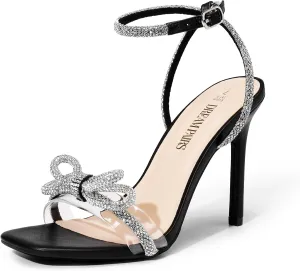 DREAM PAIRS Women's Double Bowknots Crystal Sandals Clear Slingback Heels Square Toe Shoes for Party Wedding