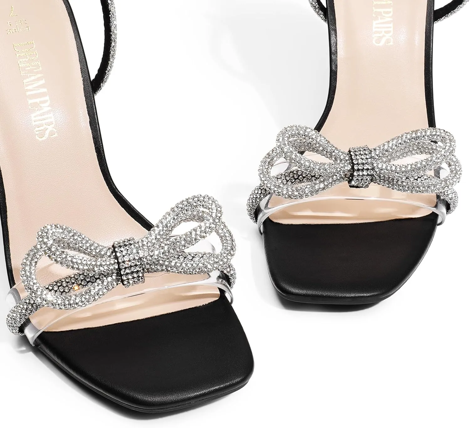 DREAM PAIRS Women's Double Bowknots Crystal Sandals Clear Slingback Heels Square Toe Shoes for Party Wedding