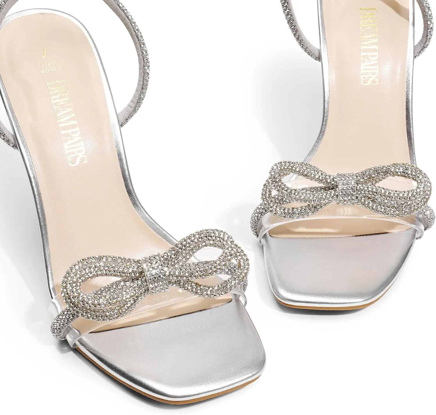 DREAM PAIRS Women's Double Bowknots Crystal Sandals Clear Slingback Heels Square Toe Shoes for Party Wedding