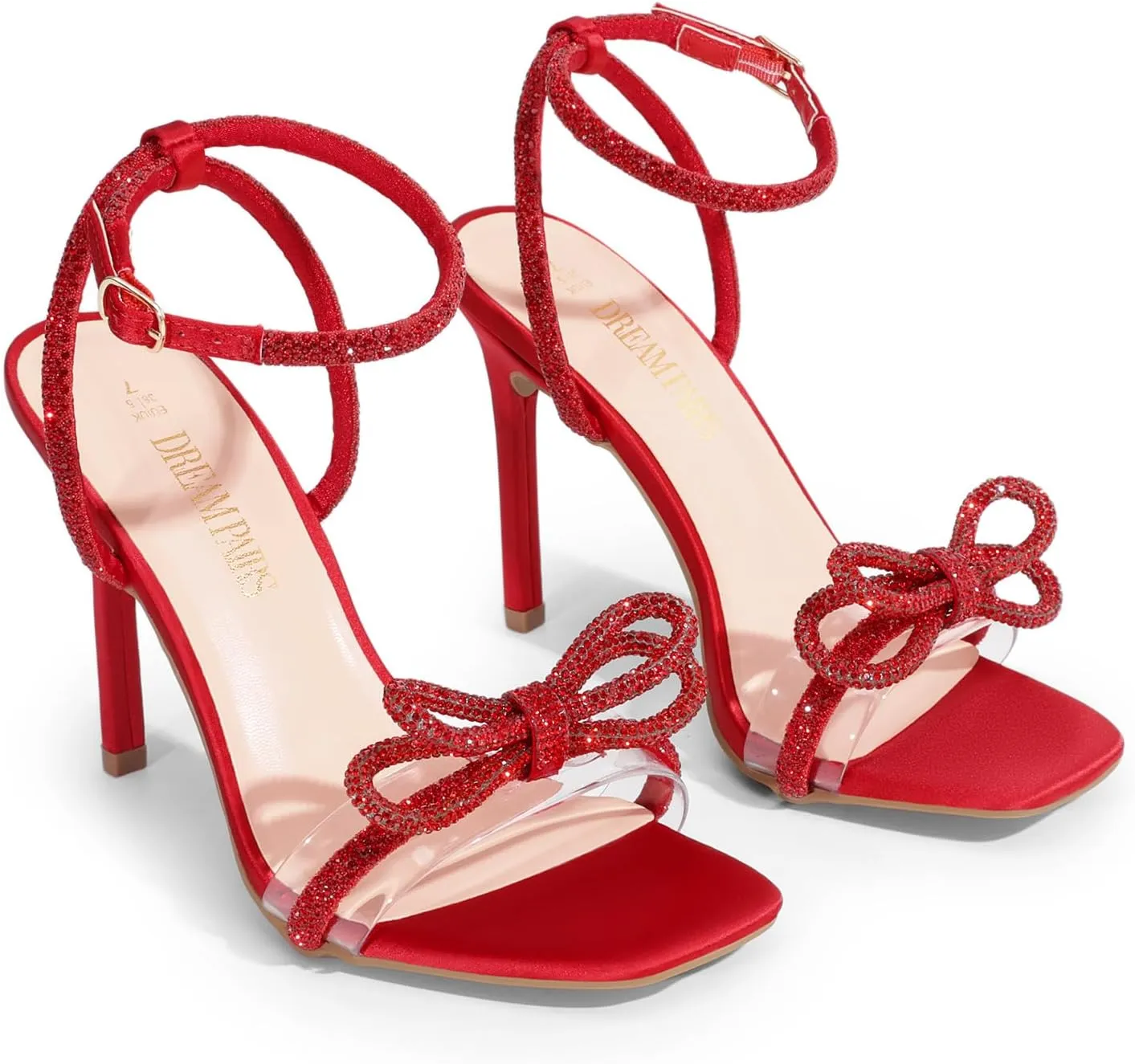 DREAM PAIRS Women's Double Bowknots Crystal Sandals Clear Slingback Heels Square Toe Shoes for Party Wedding