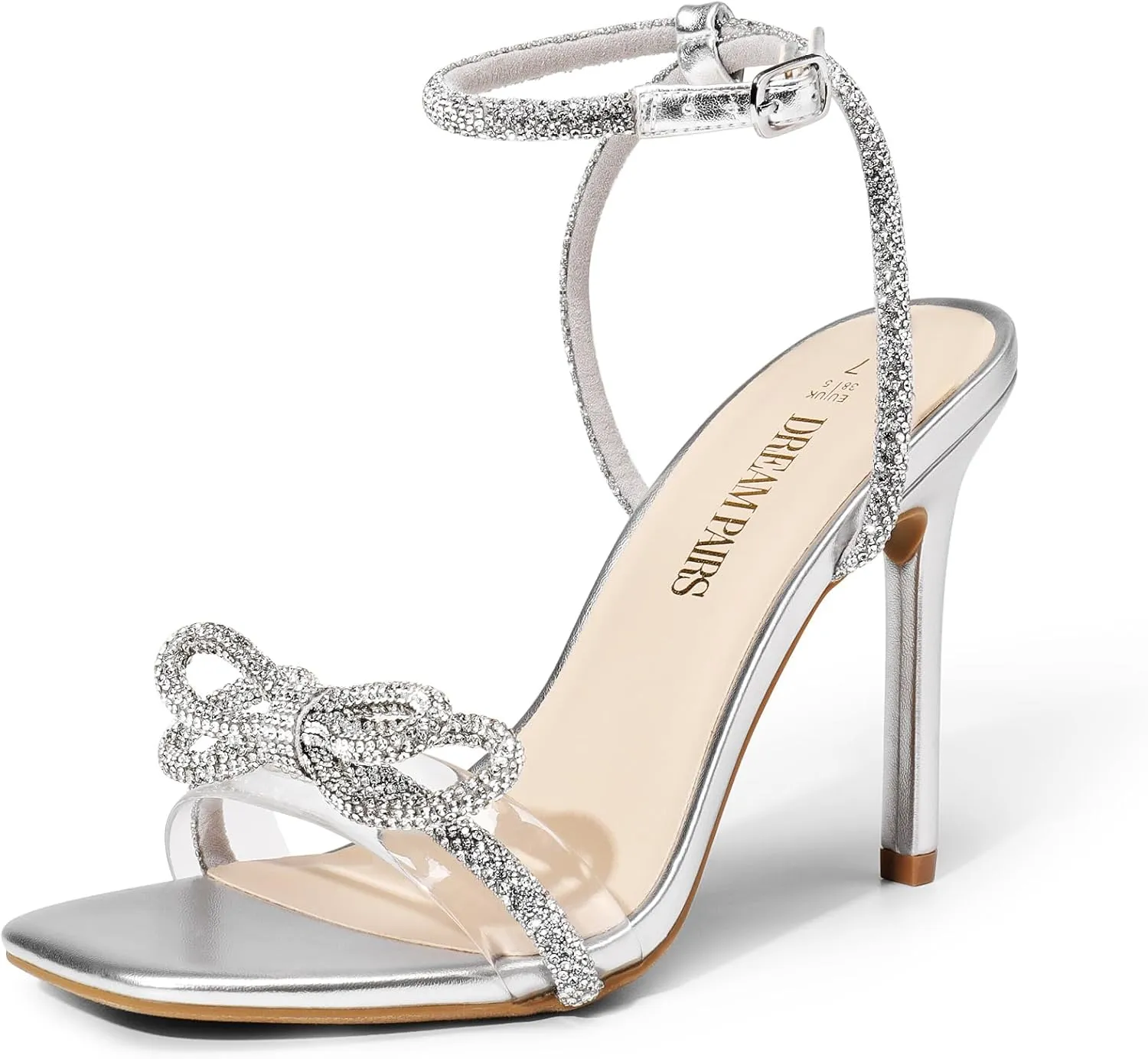 DREAM PAIRS Women's Double Bowknots Crystal Sandals Clear Slingback Heels Square Toe Shoes for Party Wedding