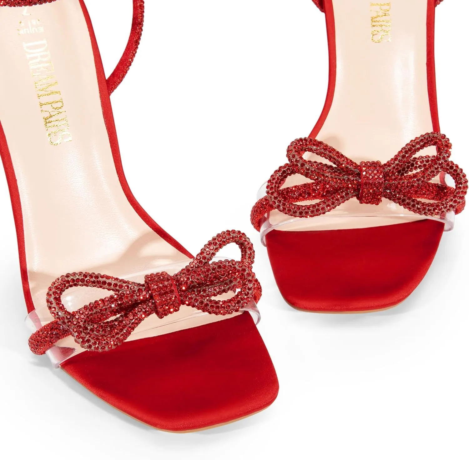 DREAM PAIRS Women's Double Bowknots Crystal Sandals Clear Slingback Heels Square Toe Shoes for Party Wedding