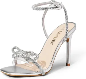 DREAM PAIRS Women's Double Bowknots Crystal Sandals Clear Slingback Heels Square Toe Shoes for Party Wedding