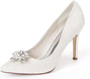 DXSYMJM Women's Wedding Shoes Closed Pointed Toe Stiletto Heel Lace Satin Party Dress Bridesmaid Shoes