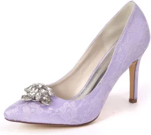 DXSYMJM Women's Wedding Shoes Closed Pointed Toe Stiletto Heel Lace Satin Party Dress Bridesmaid Shoes