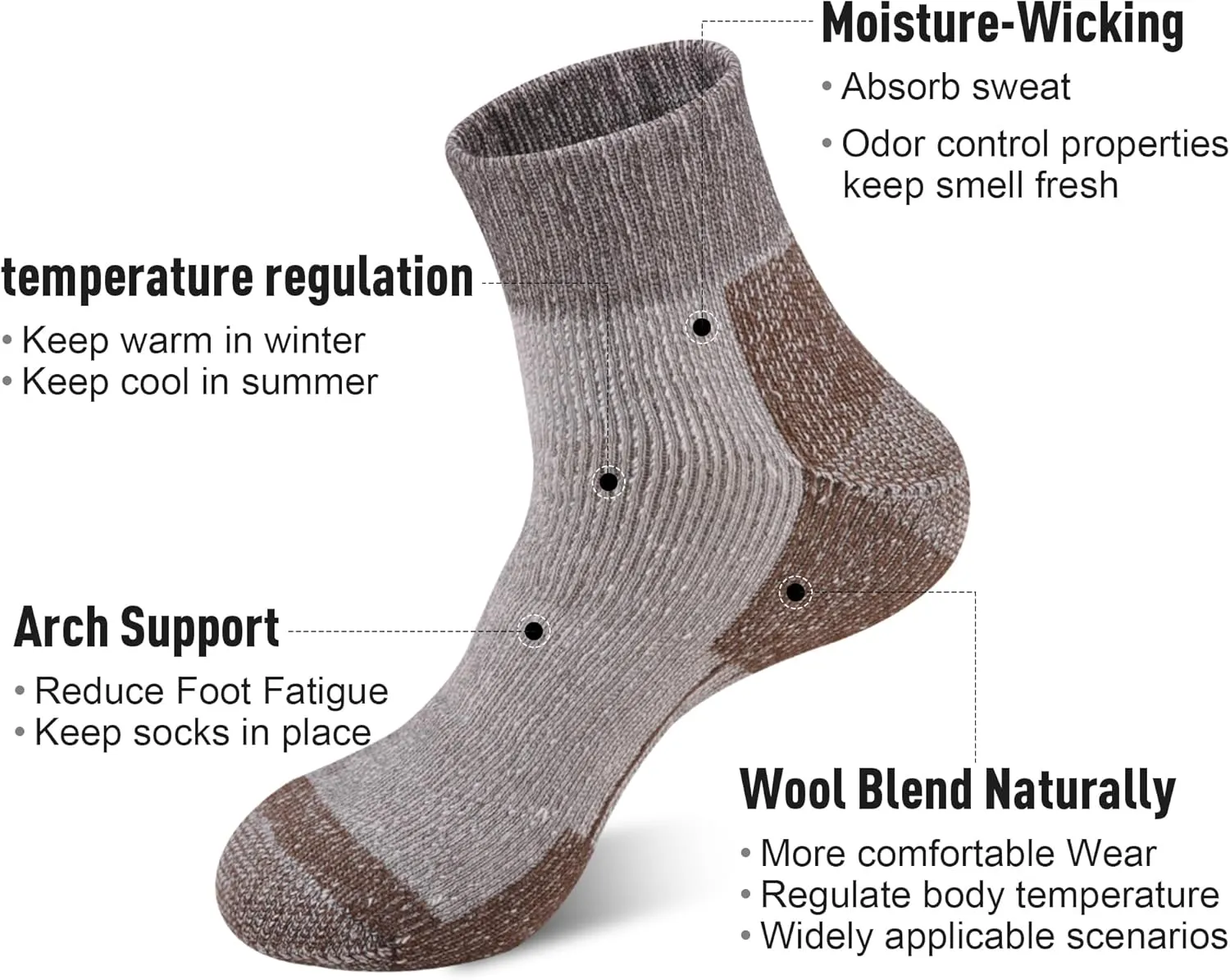 ECOEY Men's Merino Wool Cushioned Hiking Trekking Socks 4 Pairs, Quarter Length with Moisture Wicking