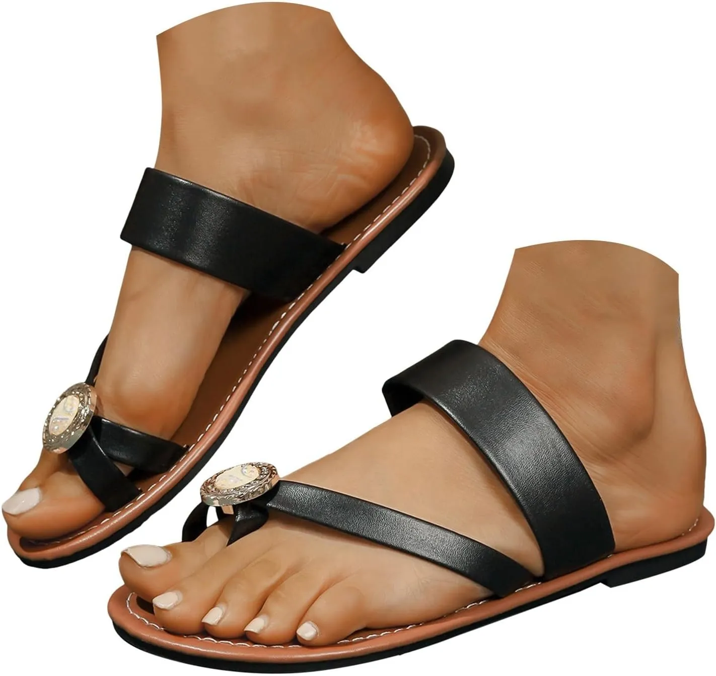 Eduavar Summer Sandals for Women, Orthopedic Sandals for Women Rhinestone Flat Sandals Comfortable Ring Toe Slippers