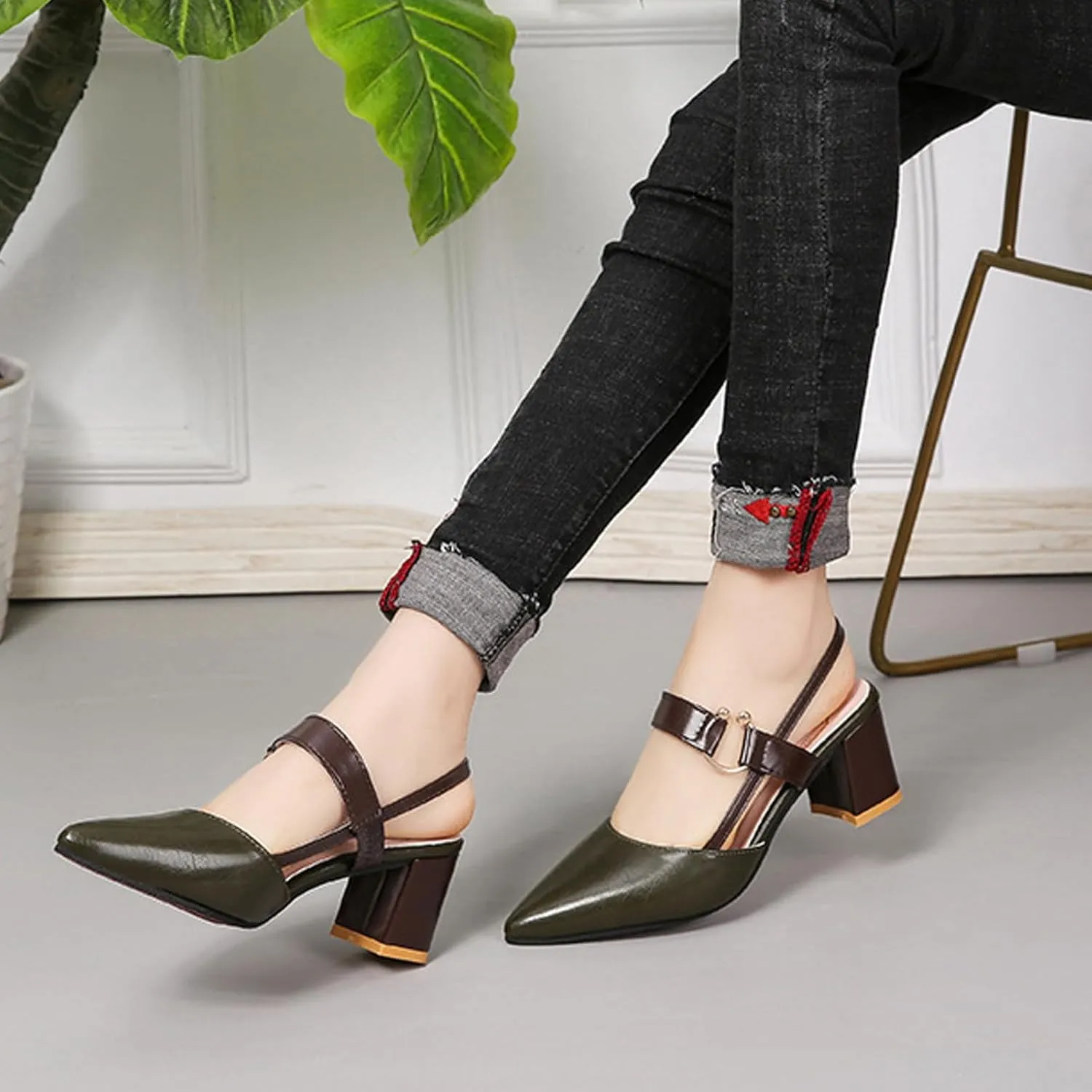 EFTCAL Women's Pointed Toe Closed Toe Chunky Heels Pumps,Comfortable Strap Slingback Party Dress Shoes