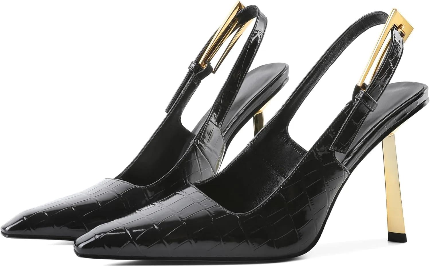 Eldof Slingback Heels for Women Metallic Buckle Square Toe Slip On Gold Stilettos High Heel Pumps Shoes Dressy 4 Inches